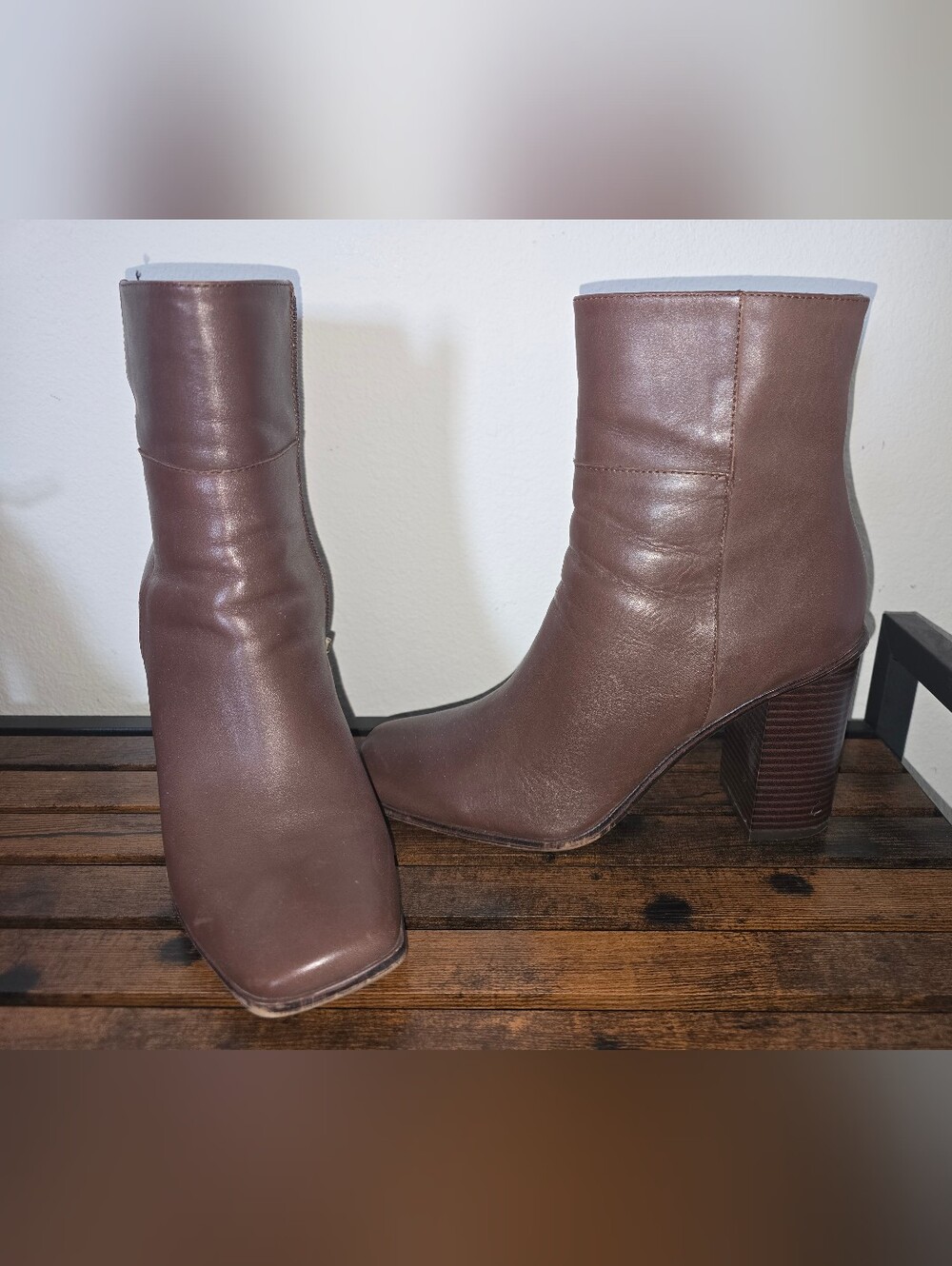 Aldo Chocolate Brown Leather Block-Heel Ankle Boots